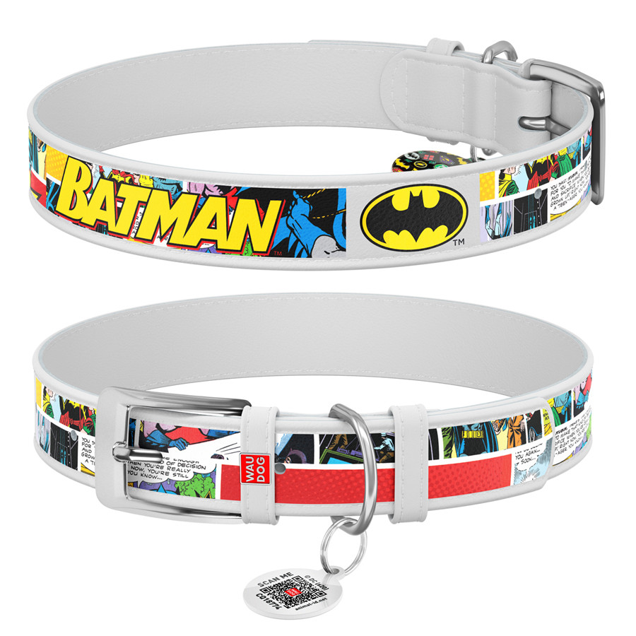 Нашийник для собак шкіряний WAUDOG Design з QR паспортом, малюнок "Бетмен1", Ш 25 мм, Д 38-49 см, білий, фото 1