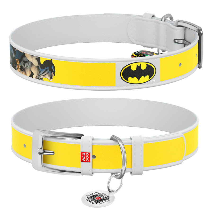 Нашийник для собак шкіряний WAUDOG Design з QR паспортом, малюнок "Бетмен2", Ш 35 мм, Д 46-59 см, білий, фото 1
