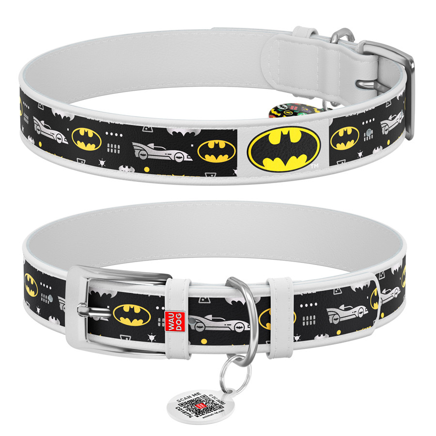 Нашийник для собак шкіряний WAUDOG Design з QR-паспортом, малюнок "Бетмен3", Ш 20 мм, Д 29-38 см білий, фото 1