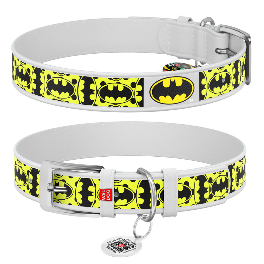 Нашийник для собак шкіряний WAUDOG Design з QR-паспортом, малюнок "Бетмен4", Ш 35 мм, Д 46-59 см, білий, фото 1