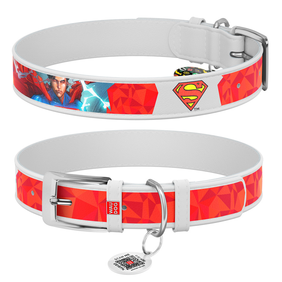 Нашийник для собак шкіряний WAUDOG Design з QR-паспортом, малюнок "Супермен1", Ш 35 мм, Д 46-59 см білий, фото 1