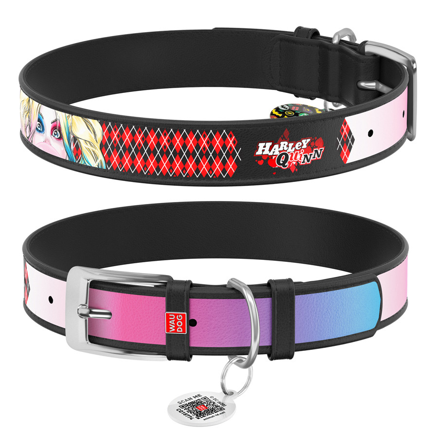 Нашийник для собак шкіряний WAUDOG Design з QR-паспортом, малюнок "Харлі Квінн", Ш 20 мм, Д 29-38 см чорний, фото 1