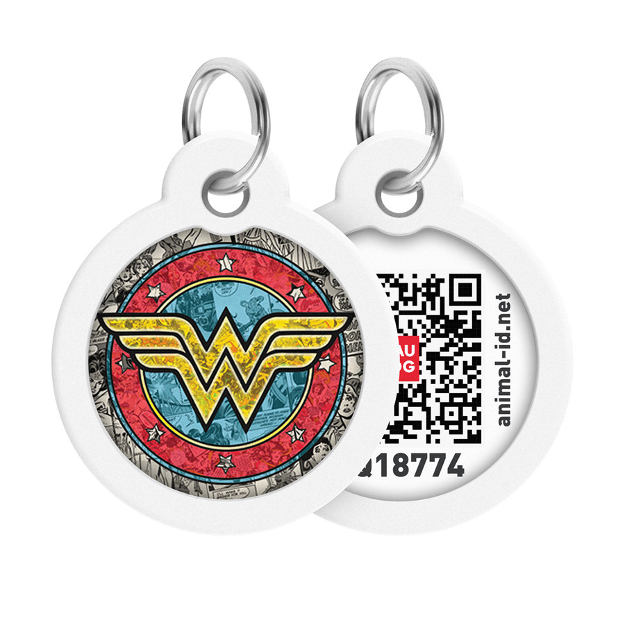 Адресник для собак і котів металевий WAUDOG Smart ID з QR-паспортом, малюнок "Диво-жінка 2", коло, Д 30, фото 1