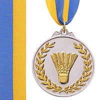 Медаль спортивная с лентой двухцветная Zelart Бадминтон C-7027 цвет серебряный ht