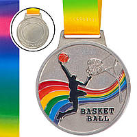 Медаль спортивная с лентой цветная Zelart Баскетбол C-0340 цвет серебряный ht