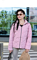 Жіноча демісезонна куртка 48-50 з капюшоном осінь Жіноча коротка куртка рожева з коміром на блискавці осіння 2024
