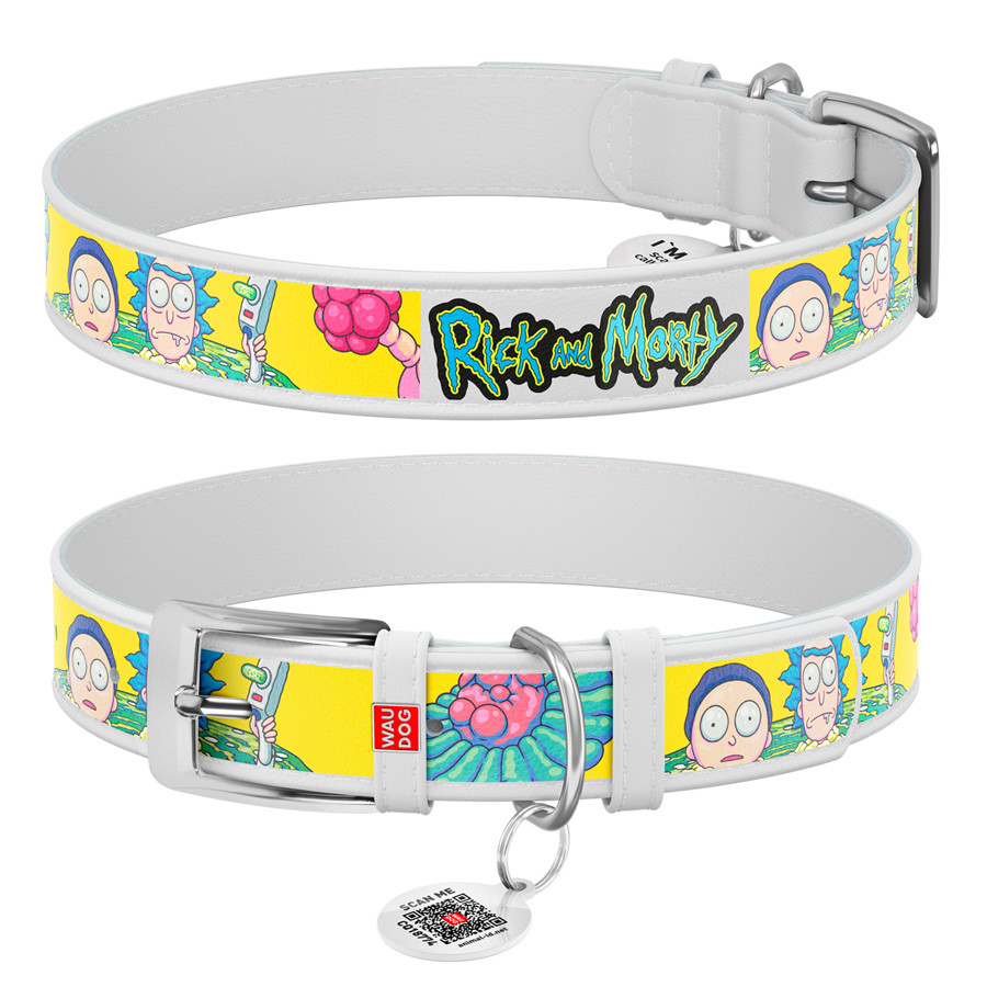 Нашийник для собак шкіряний WAUDOG Design з QR-паспортом, малюнок "Рік і Морті 1", XL, Ш 35 мм, Д 46-59 см,, фото 1