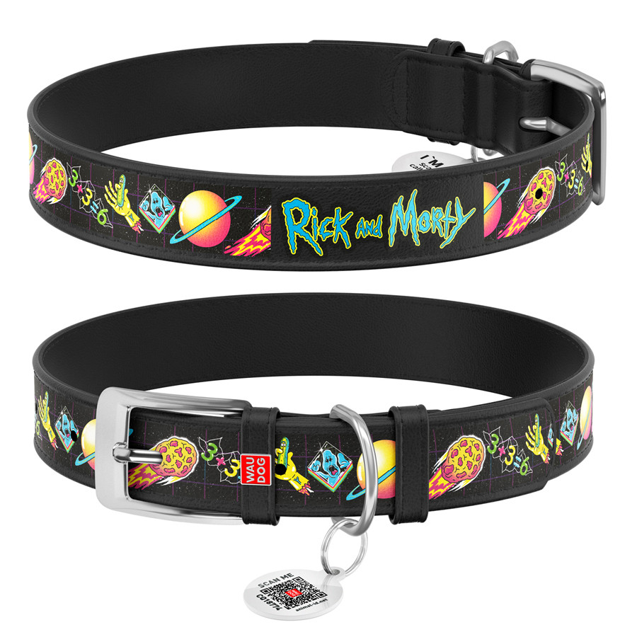 Нашийник для собак шкіряний WAUDOG Design з QR-паспортом, малюнок "Рік і Морті 3", XL, Ш 35 мм, Д 46-59 см,, фото 1