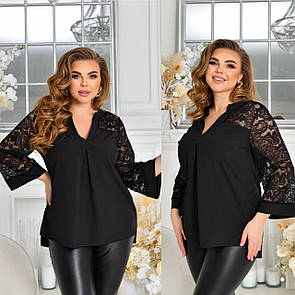 Жіноча чорна нарядна блуза вільного крою з гіпюром батал
