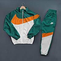 Спортивный мужской костюм Nike непродуваемый бело-зеленый с лампасом | Ветрозащитный спортивный костюм Найки
