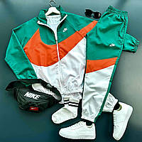 Спортивный мужской костюм Nike непродуваемый бело-зеленый с лампасом | Ветрозащитный спортивный костюм Найки M