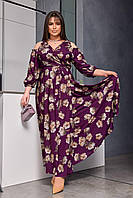Платье длинное макси батал, стильное нарядное платье батал, длинное платье в цветочек батал сиреневый, 66-70