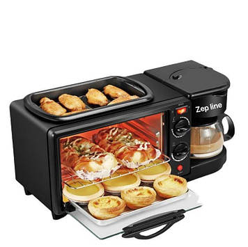 Єлектрична піч + кофеварка + гриль Сковорода 3в1 на 1250Вт Прилад поєднує у собі відразу три функції: Кавоварка з чаше