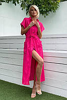 Платье - рубашка женское, миди, льняное, на пуговицах, летнее, с карманами, поясом, Малиновое, S, M, L, XL