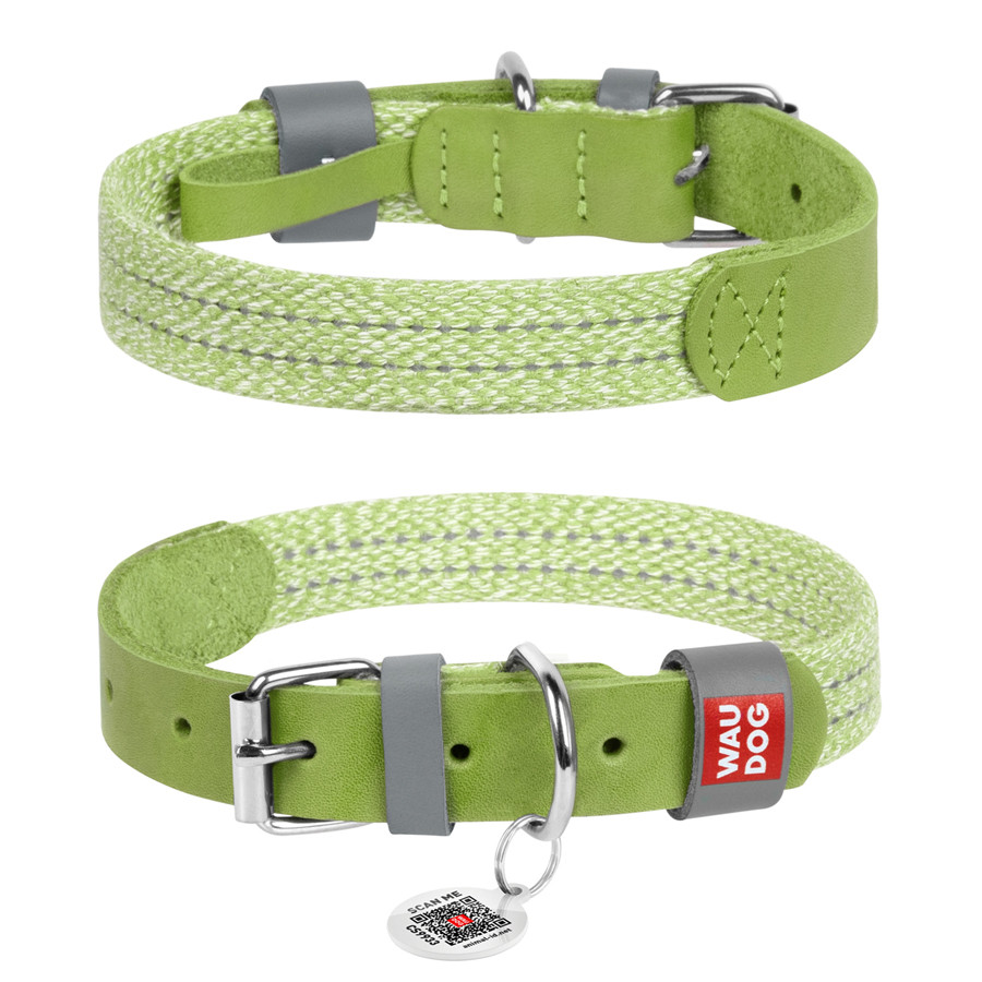 Нашийник для собак зі шкіри та відновленої бавовни WAUDOG Classic, M, Ш 20 мм, Д 30-39 см салатовий, фото 1
