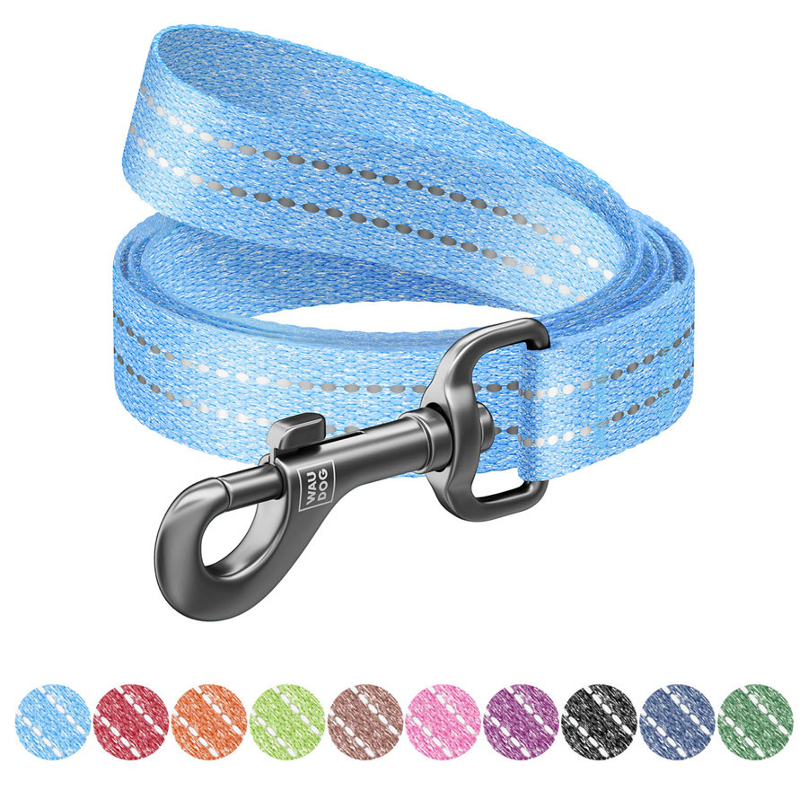 Повідець для собак з відновленої бавовни WAUDOG Re-cotton світловідбивний, Ш 20 мм, Д 200 см блакитний, фото 1