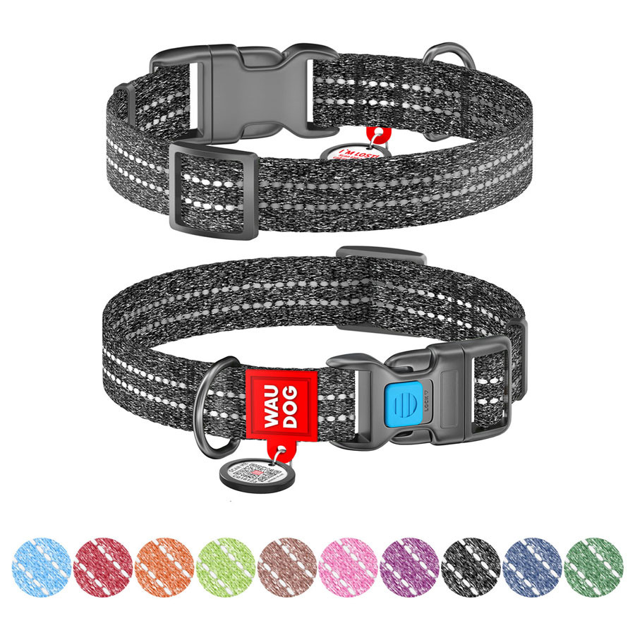 Нашийник для собак з відновленої бавовни WAUDOG Re-cotton з QR-паспортом, світловідбивний, пластиковий, фото 1