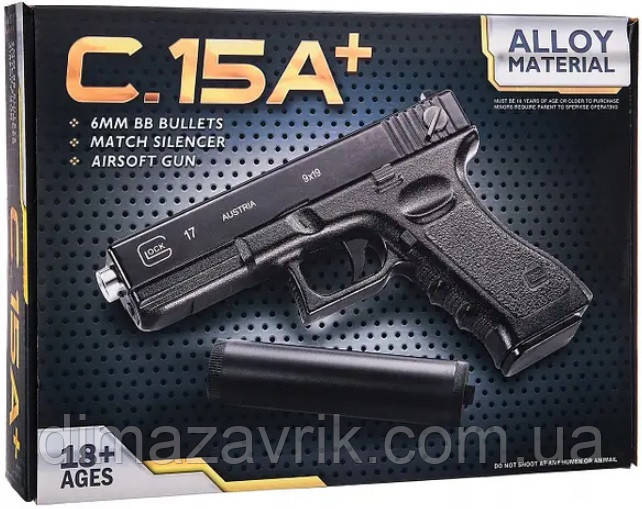 Пістолет Глок 17 металевий Glock 17 з глушником C.15A+, фото 1