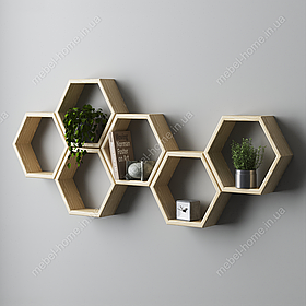 Полиці на стіну соти з дерева навісні відкриті оригінальні, декоративні полиці настінну.