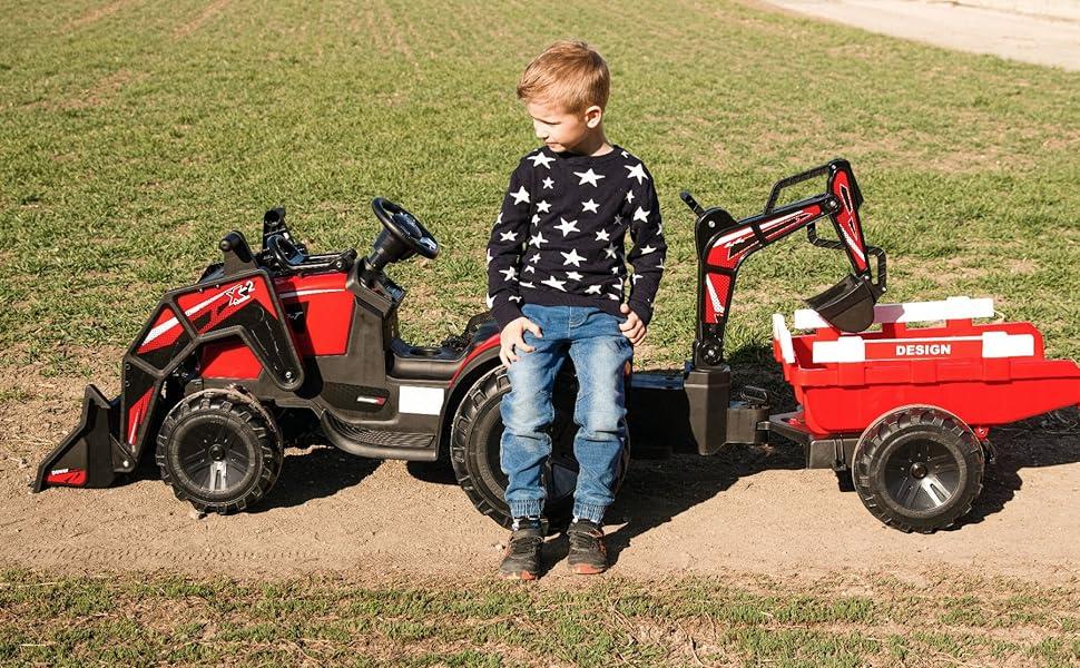 Дитячий електротрактор із заднім і переднім ковшем TOP-WORKER з причепом (червоний колір), фото 1