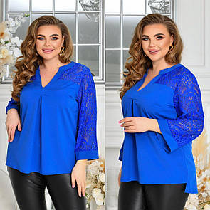 Жіноча нарядна блуза електрик вільного крою з гіпюром батал