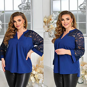 Жіноча синя нарядна блуза вільного крою з гіпюром батал