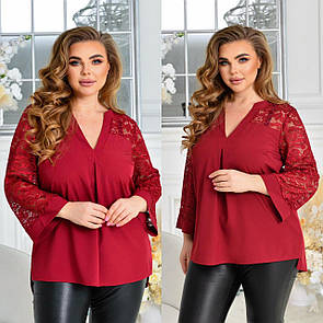 Жіноча бордова нарядна блуза вільного крою з гіпюром батал