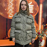 Куртка жіноча зимова пуховик дута без капюшону пояс 46 хакі, фото 4