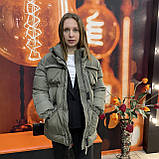 Куртка жіноча зимова пуховик дута без капюшону пояс 46 хакі, фото 8