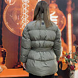 Куртка жіноча зимова пуховик дута без капюшону пояс 46 хакі, фото 3