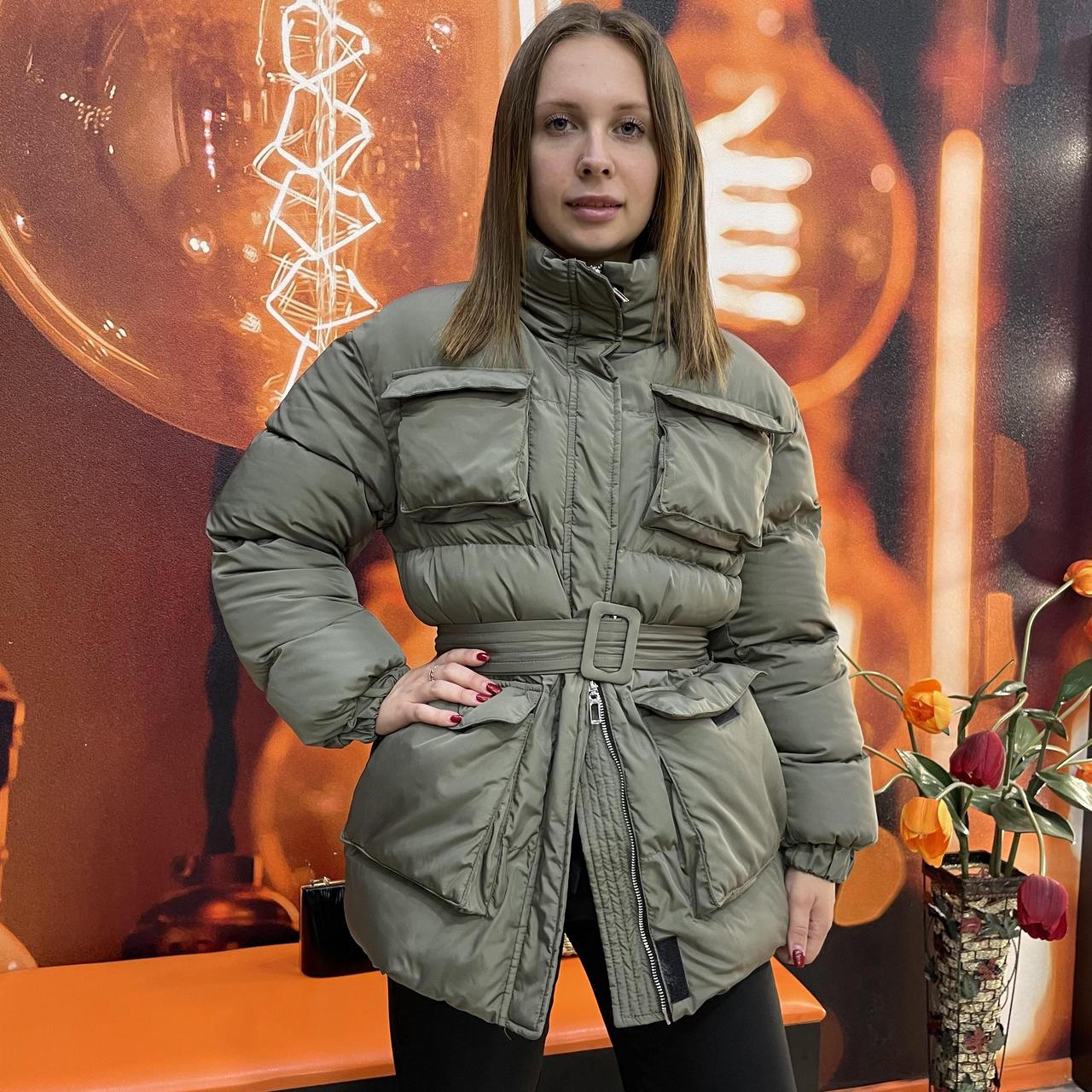 Куртка жіноча зимова пуховик дута без капюшону пояс 46 хакі, фото 1