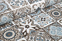 Декоративная ткань/ панама Плиточка узор бежево-голубой