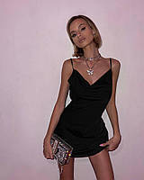 Женское красивое модное элегантное вечернее мини-платье с декольте на тонких бретелях (черный, изумруд)