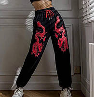 Женские стильные модные молодежные базовые трендовые штаны джоггеры с драконом (черный)