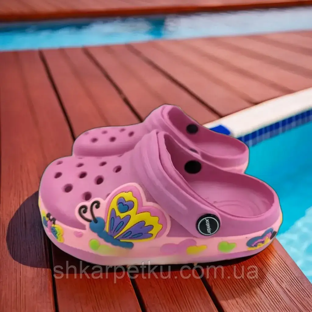Шльопанці дитячі літні Jomix крокси для дівчаток із метеликом і сердечками 100% EVA, Фіолетовий, фото 1