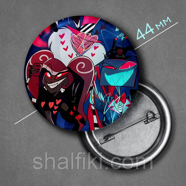 "Вокс, Валентино і Вельвет (Готель Газбін / Hazbin hotel)" значок круглий на булавці Ø44 мм, фото 1