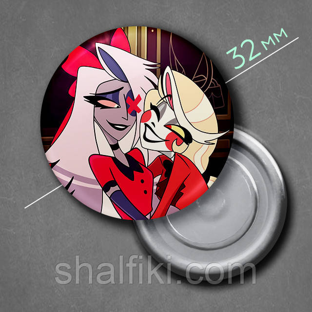"Веггі і Чарлі (Готель Газбін / Hazbin hotel)" магніт круглий Ø32 мм, фото 1