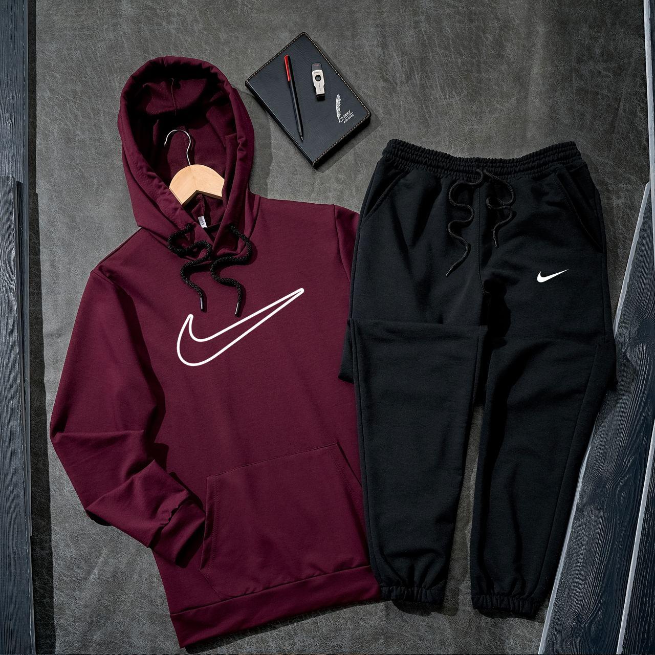 Спортивний костюм Nike чоловічий весняний осінній двонитка кофта штани найк бордовий-чорний