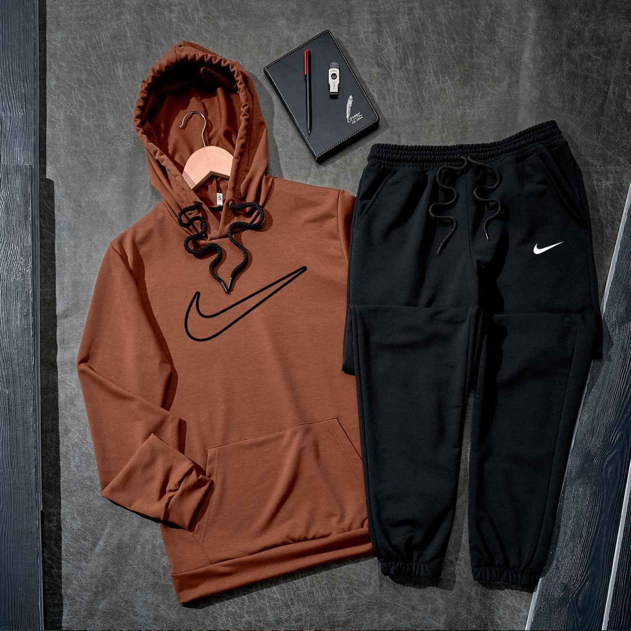 Спортивний костюм Nike чоловічий весняний осінній двунитка кофта штани найк коричневий-чорний