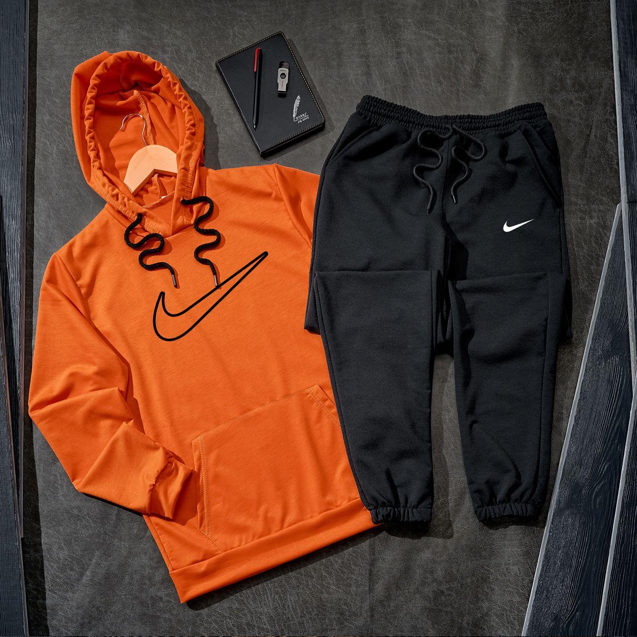 Спортивний костюм Nike чоловічий весняний осінній двунитка кофта штани найк помаранчевий-чорний