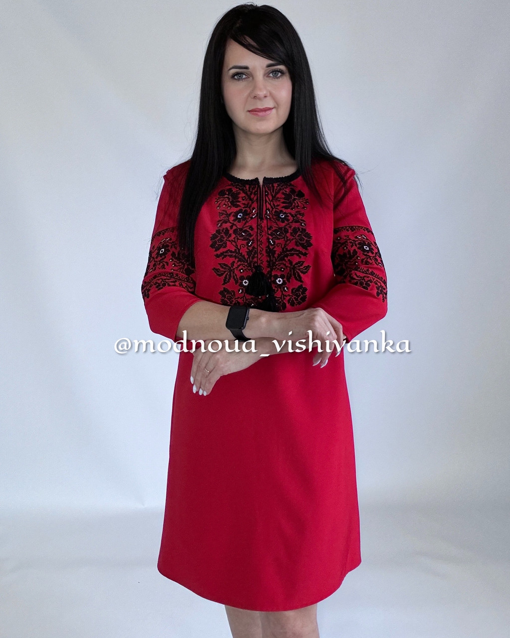 Жіноча червона сукня вишиванка з рукавом 3/4 і довжиною до колін 42-54