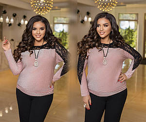Жіноча стильна кофта з блискучої тканини зі вставкою гіпюру по плечах, батал великі розміри