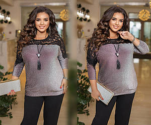 Жіноча стильна кофта з блискучої тканини зі вставкою гіпюру по плечах, батал великі розміри