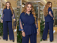 Женский нарядный костюм: блуза-туника с пояском и прямые широкие брюки, батал большие размеры