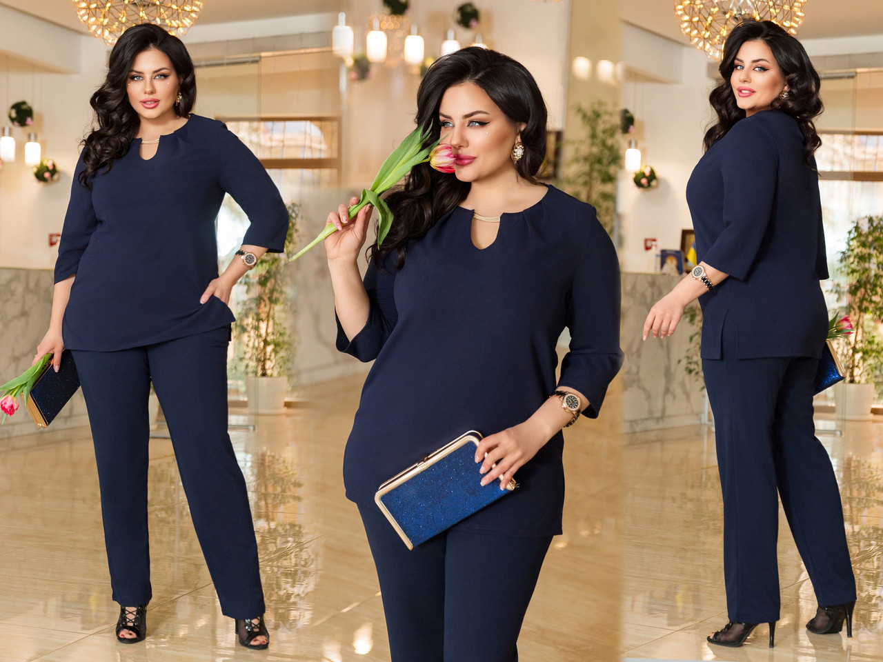 Жіночий елегантний костюм: блуза з вирізом каплею з декором та прямі штани, батал великі розміри, фото 1