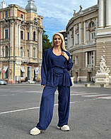 Синий стильный женский прогулочный костюм-тройка батал с 48 по 72 размер