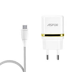 Мережевий зарядний пристрій для Aspor A828 Eco 2USB 2.4 A + кабель USB — Micro-білий ZZ, код: 8372404