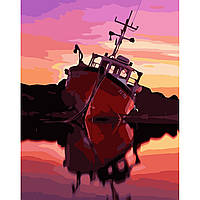 Картина по номерам Strateg ПРЕМИУМ Рыбацкое судно на закате с лаком размером 40х50 см VA-3342