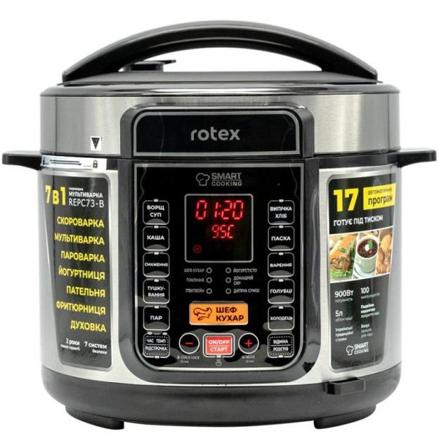 Мультиварка-скороварка Rotex REPC73-B, 5 л, 900 Вт, 17 програм, Smart Cooking, 3-рядковий LED дисплей, подвійне керамічне покриття, фото 1