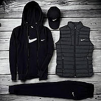 Удобный спортивный комплект с жилеткой Nike 5в1 (черные худи на змейке+штаны+футболка+кепка+жилетка графит)